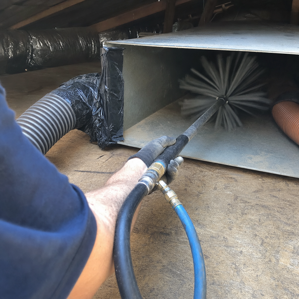 Technician using a rotating brush to clean residential air ducts
