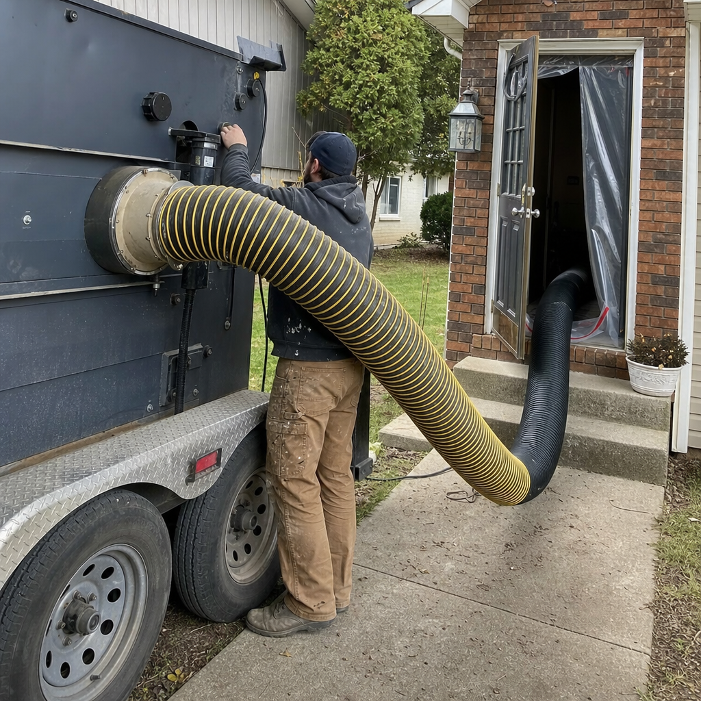 Technician using a truck-mounted vacuum for professional air duct cleaning services.