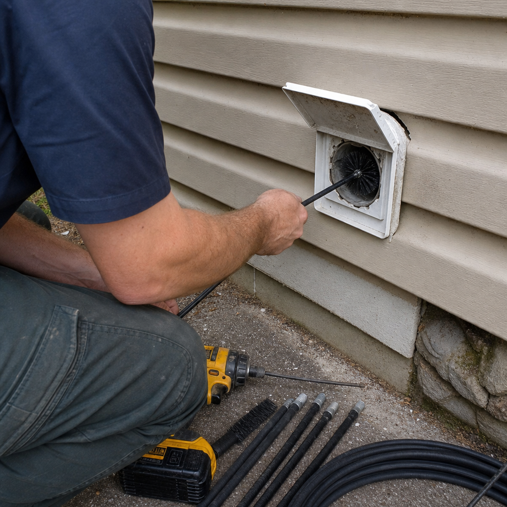 Professional technician performing residential dryer vent cleaning service