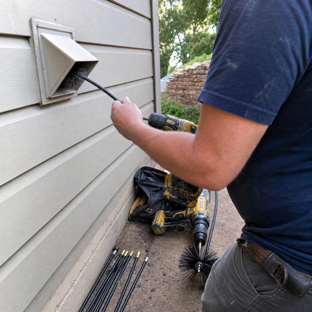 Technician using rotary brush tool for professional dryer vent cleaning
