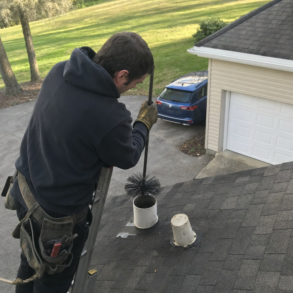 Technician cleaning residential dryer vent from roof with specialized brush tool