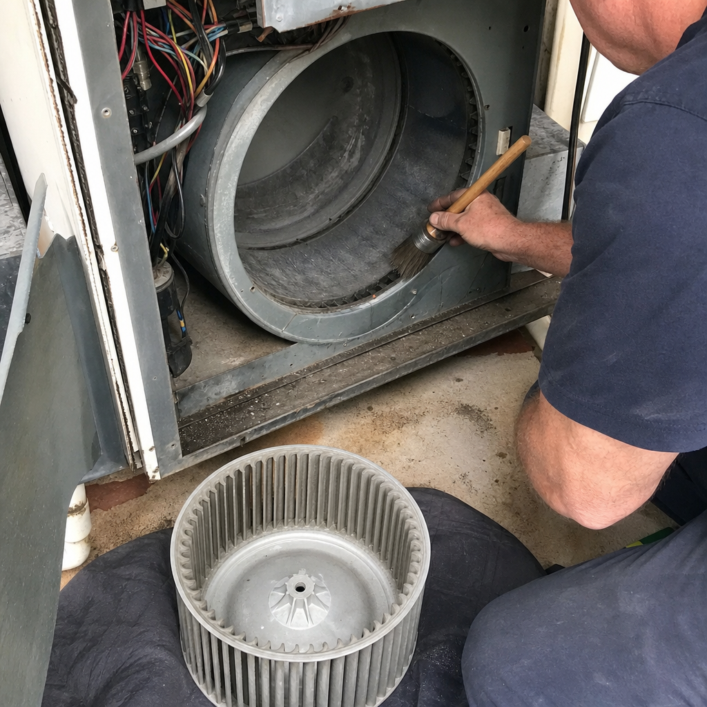 HVAC technician cleaning the internal blower housing of an air conditioner