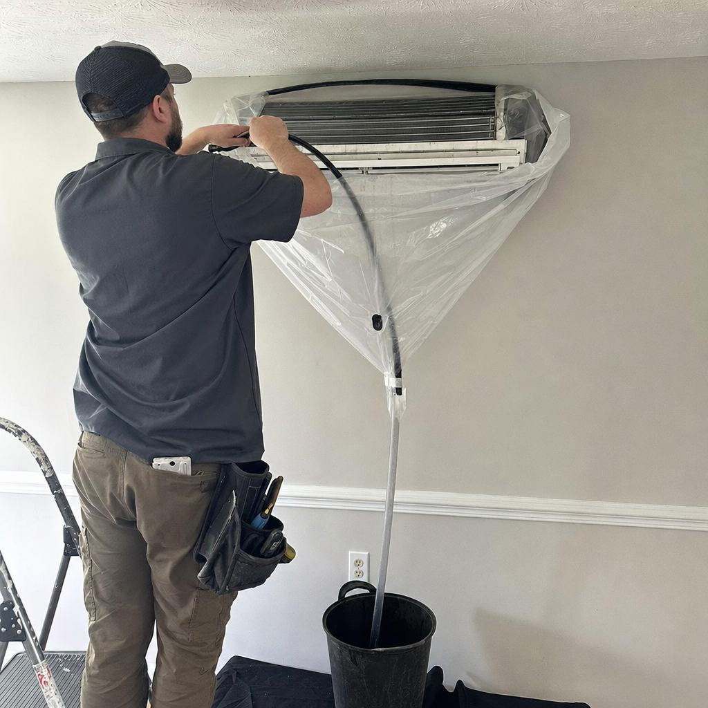 Technician performing professional HVAC mini-split air conditioning unit cleaning