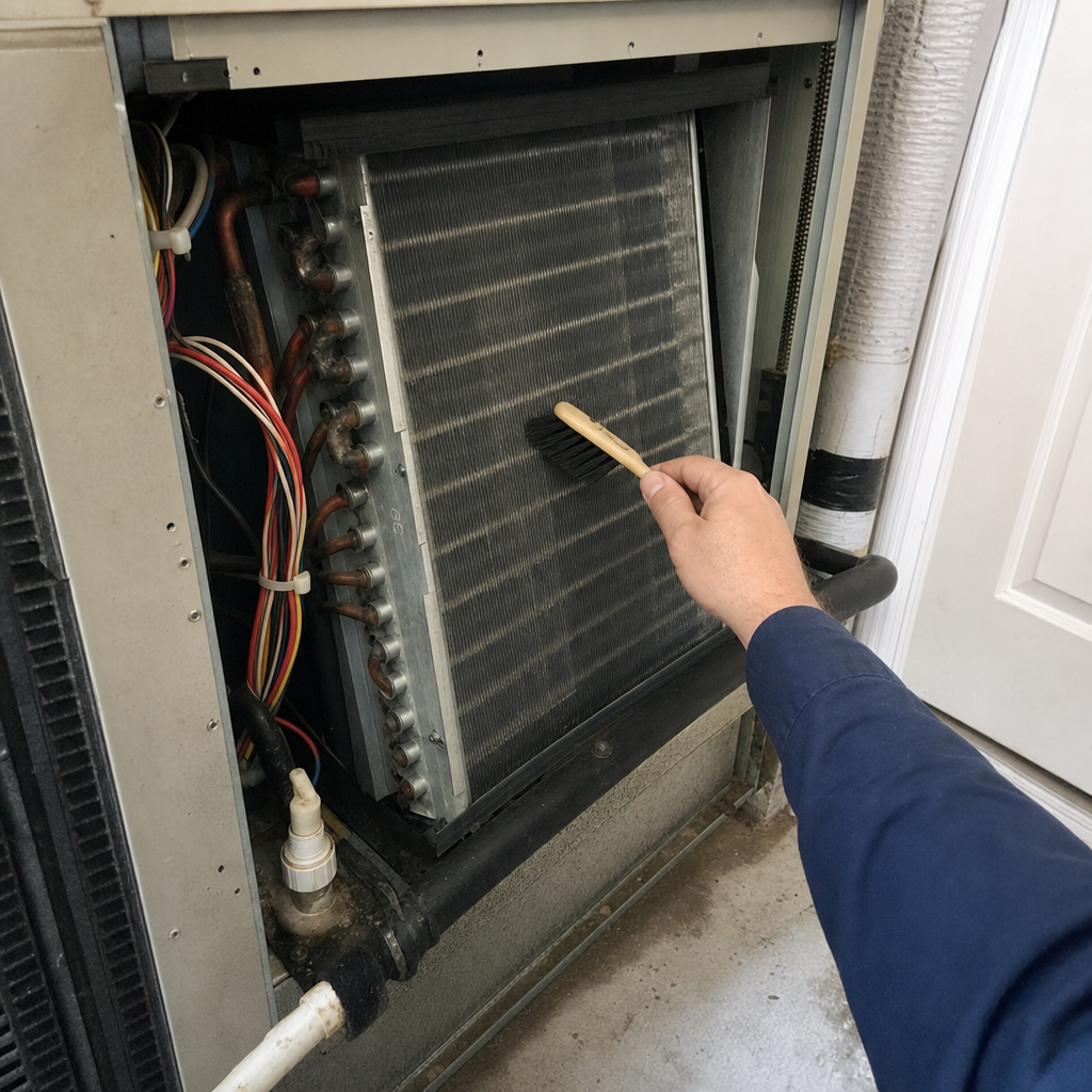 Technician performing professional HVAC coil cleaning and maintenance