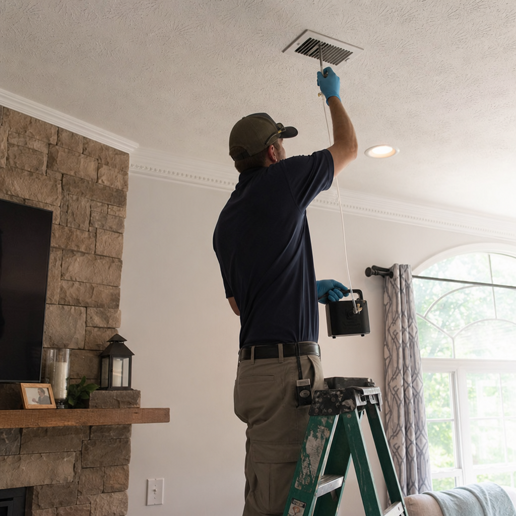 Technician performing professional residential air duct cleaning and sanitization services. in Greeneville, TN