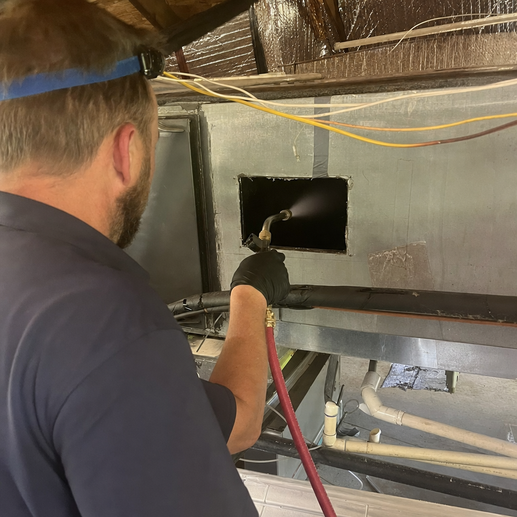 Technician performing professional HVAC air duct cleaning and sanitizing service in Jefferson City, TN