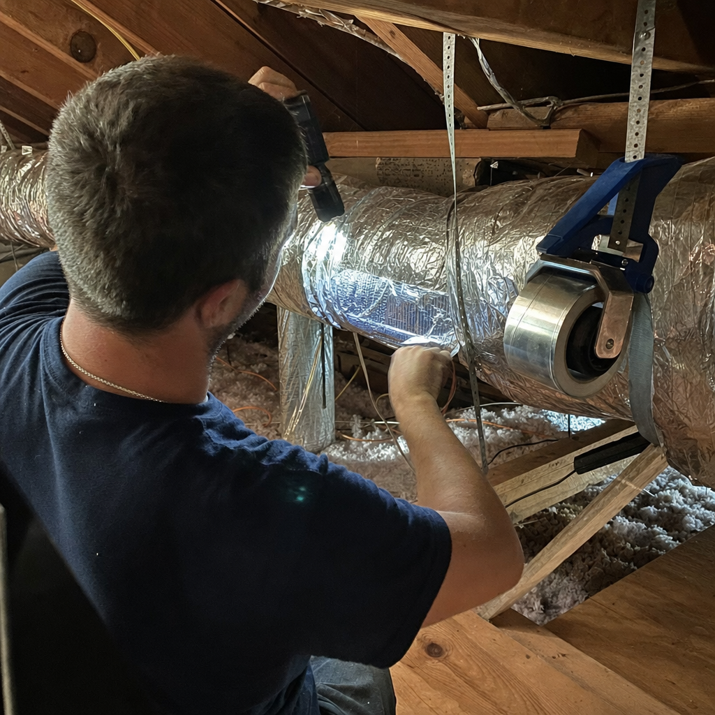 Technician performing professional air duct repair and sealing in an attic in Greeneville, TN
